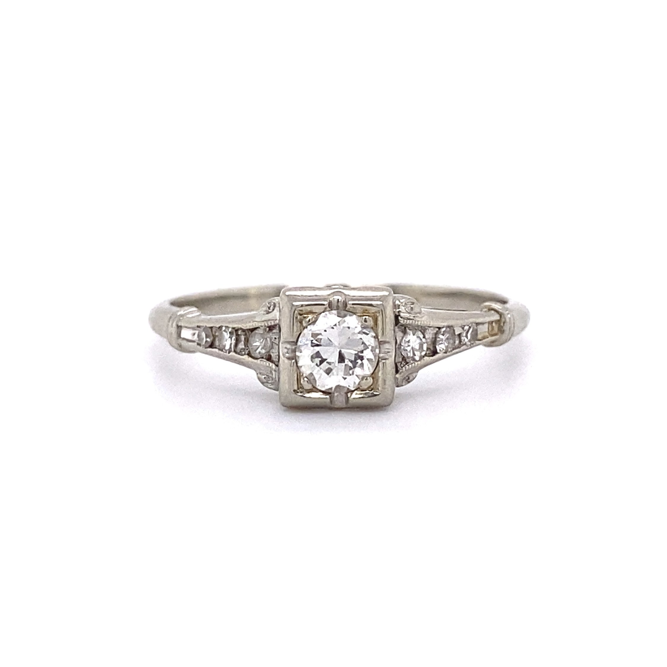 18K WG Art Deco .35ct Transitional Diamond Milgrain Ring 2.0g, s7.5