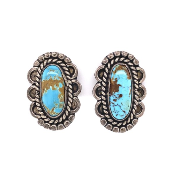Closeup photo of 925 Sterling Old Pawn Native Oval Turquoise Earrings 8.5g