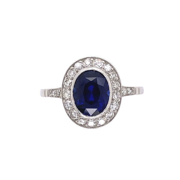 Closeup photo of Platinum Art Deco 2.51ct Oval Sapphire GIA NO Heat, Ceylon Diamond Ring, s7.5