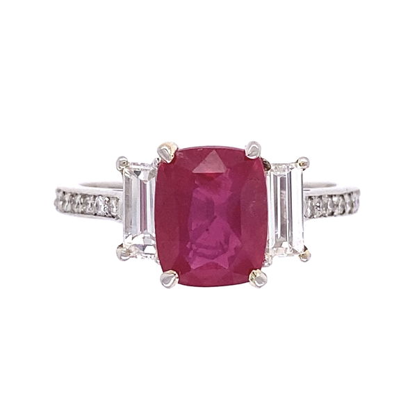 Closeup photo of Platinum 2.57ct Cushion Ruby & .63tcw Baguette Diamond Ring 4.6g, s7