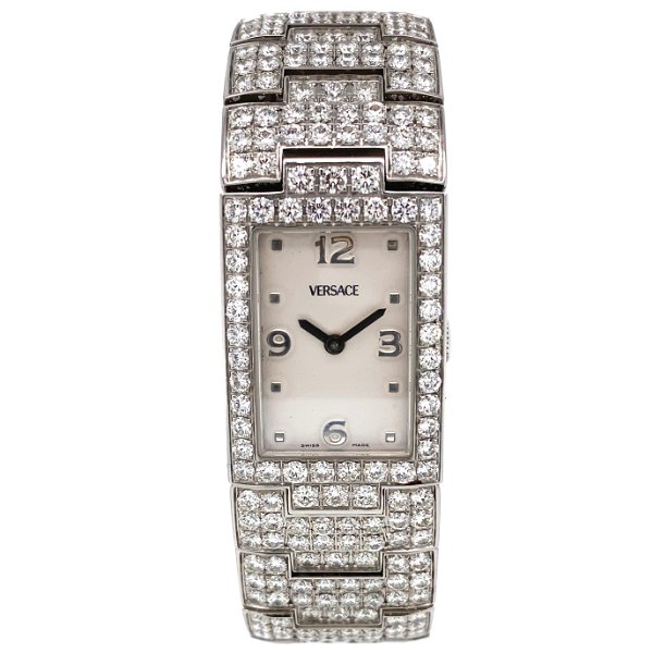 Closeup photo of 15.75tcw Diamond VERSACE Greca 990139 30MM Quartz Bracelet Watch 123.0g