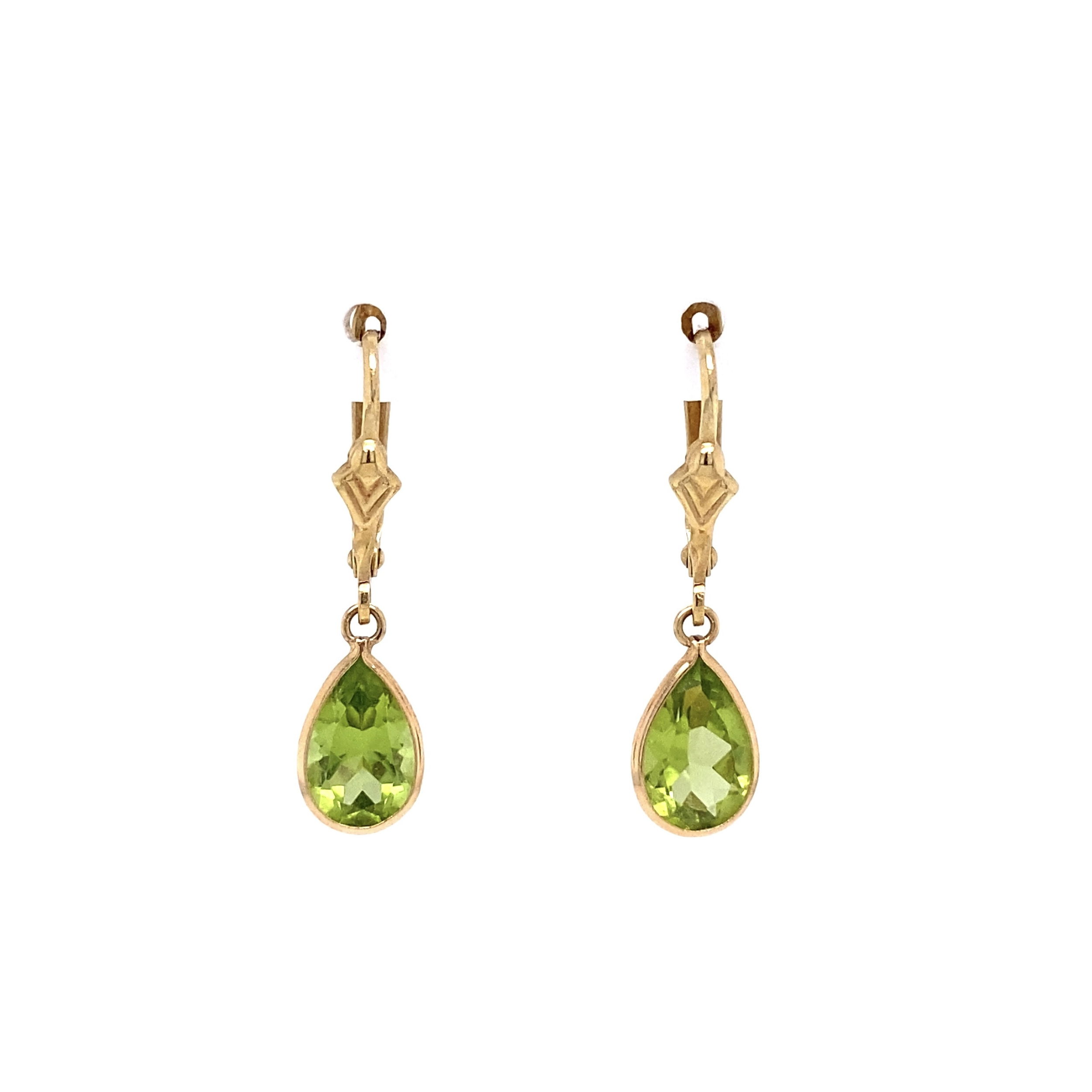 14K YG Simple Pear Shape Peridot Drop Earrings 1.30tcw 1.6g, 1" Tall