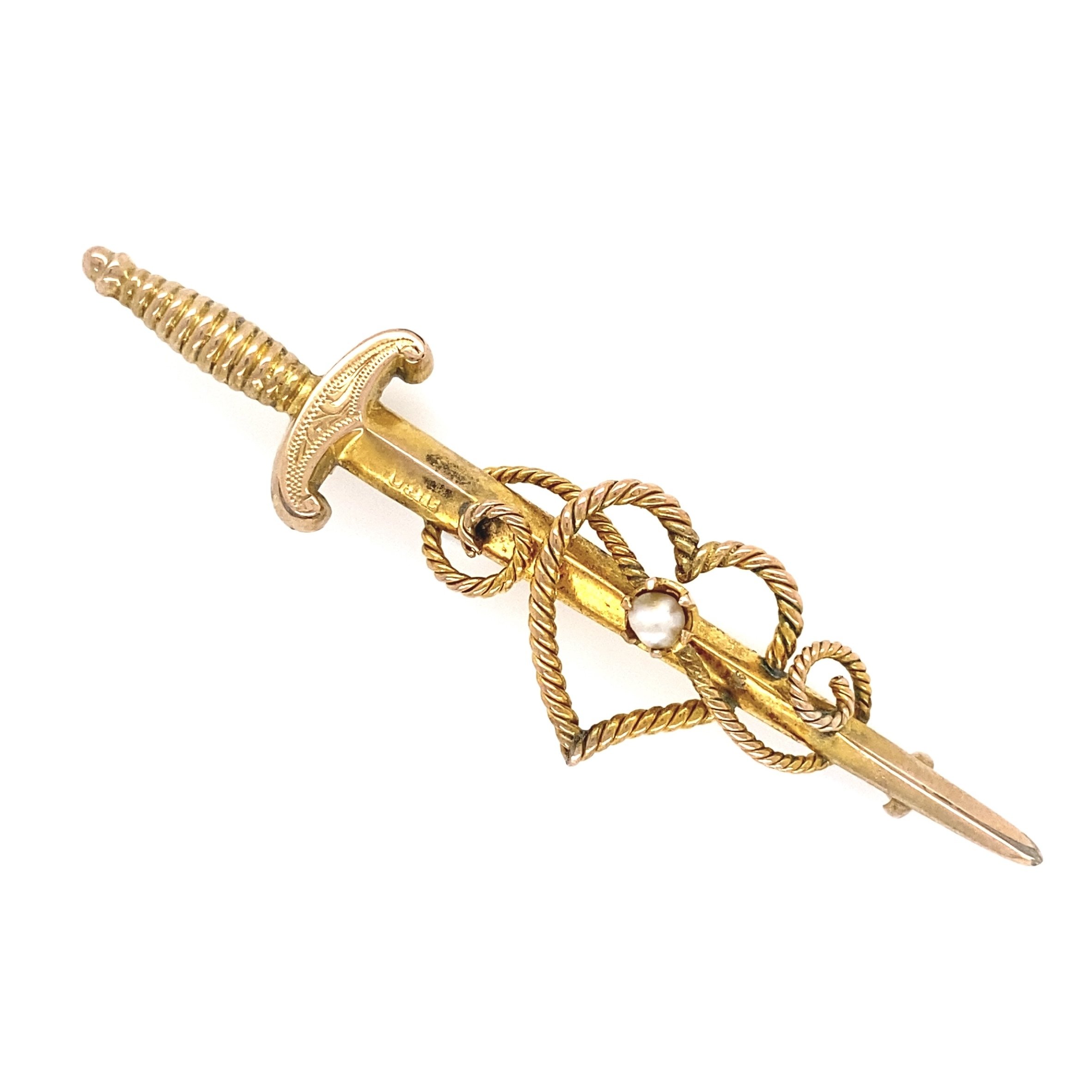 English Sword Brooch with Pearl in 9K YG 3.2g