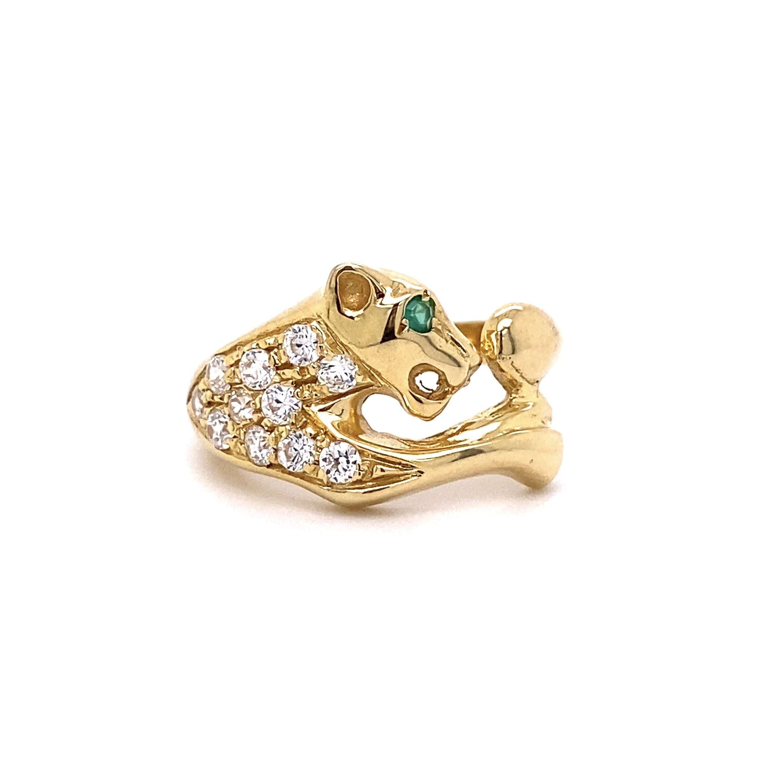 18K YG Italian Panther Ring with Green Stone & CZ's 5.0g, s10.5
