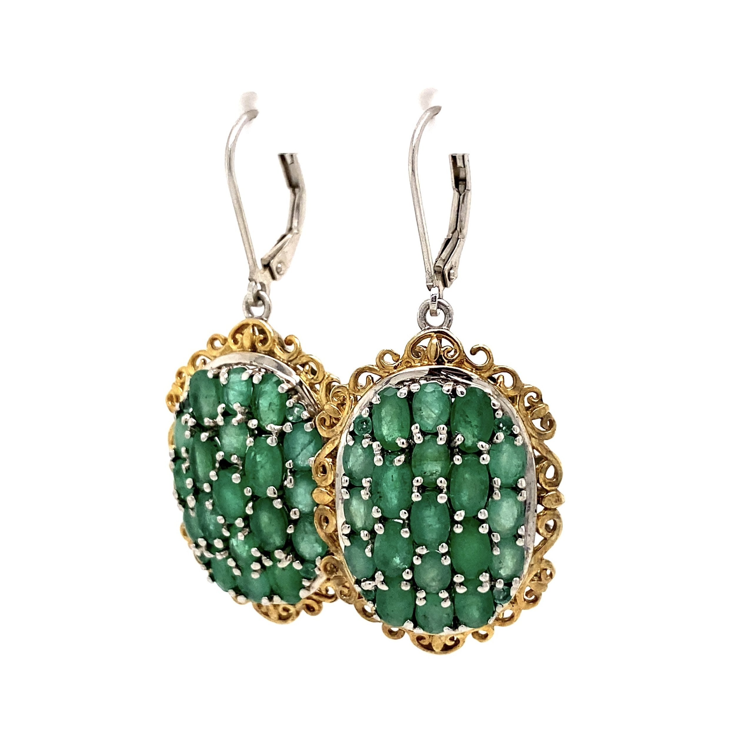 925 Sterling 2tone 11.25tcw Emerald Cluster Drop Earrings 10.9g, 1.75"