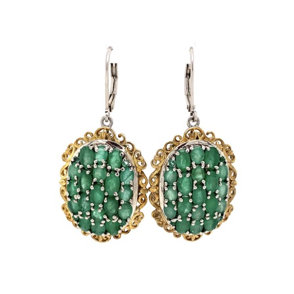 Closeup photo of 925 Sterling 2tone 11.25tcw Emerald Cluster Drop Earrings 10.9g, 1.75"