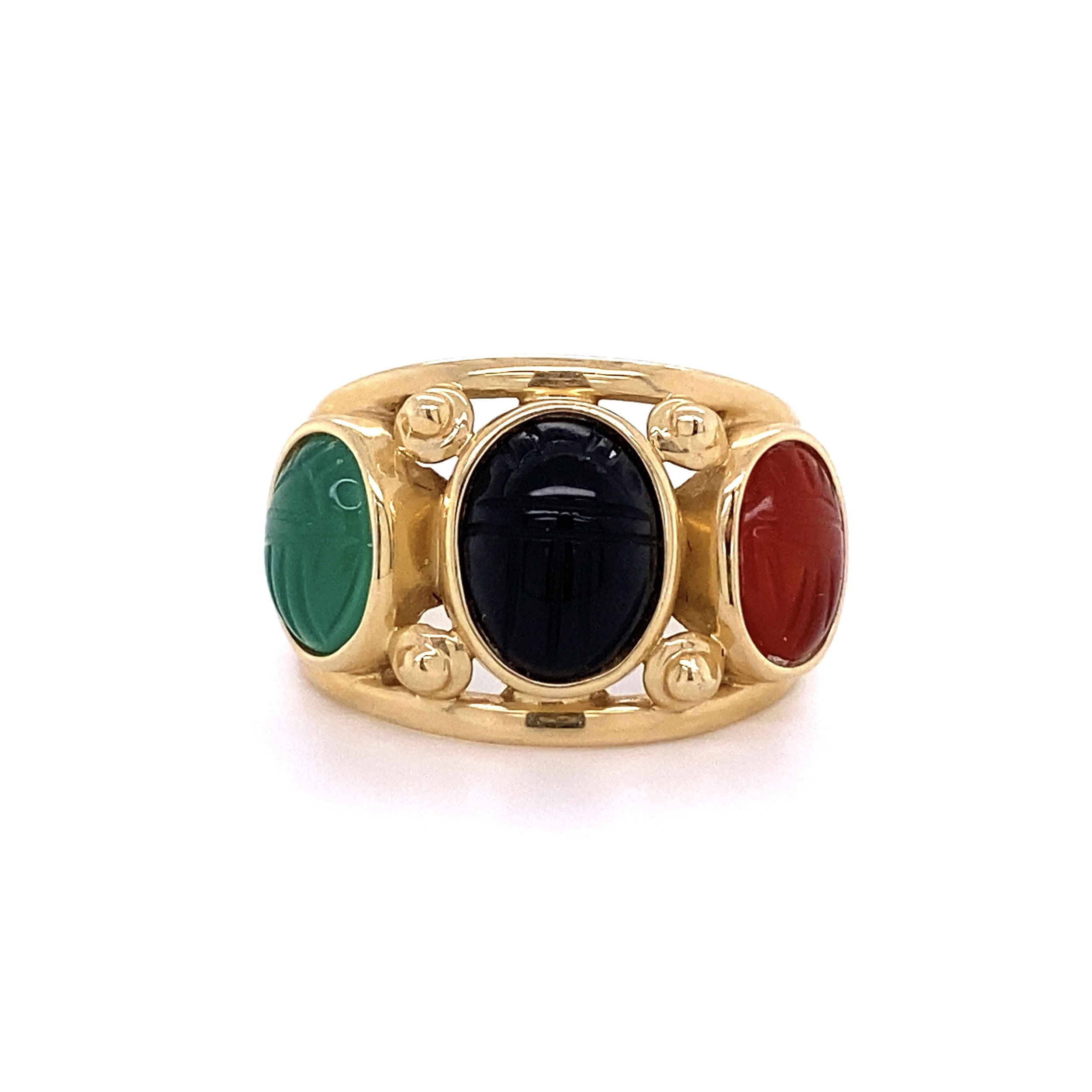 14K YG 3 Stone Scarab Onyx, Carnelian & Chrysophrase Dome Ring 4.0g, s6