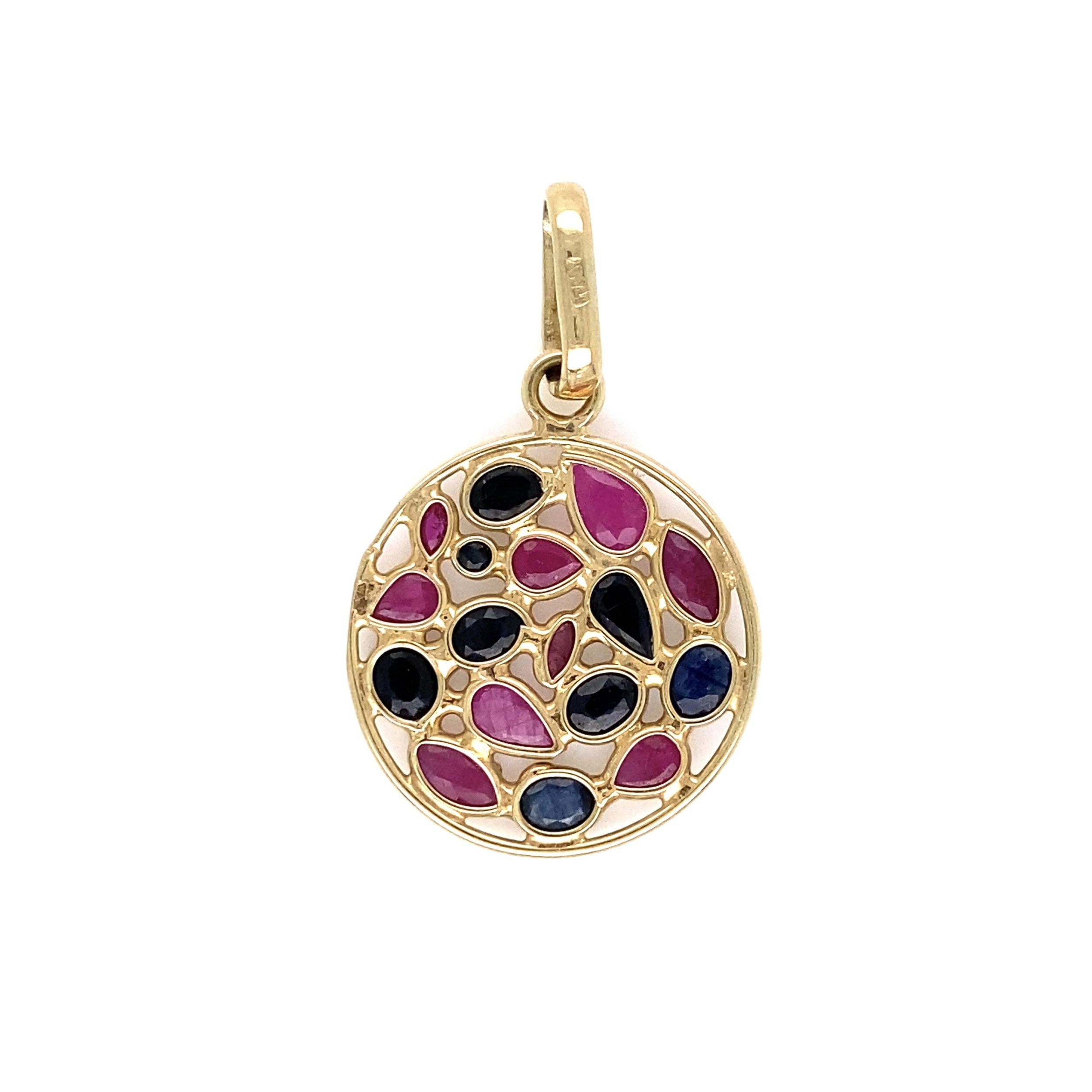 14K & 10K YG Sapphire & Ruby Circle Cluster Pendant 2.9g, 1.25"