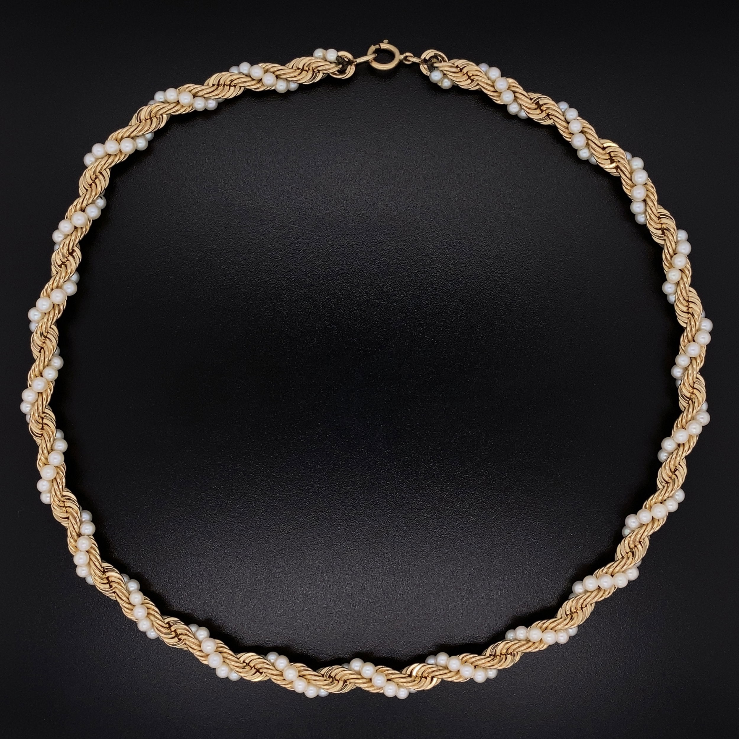 14K YG Rope & 3mm Seed Pearl Necklace 35.0g, 15"