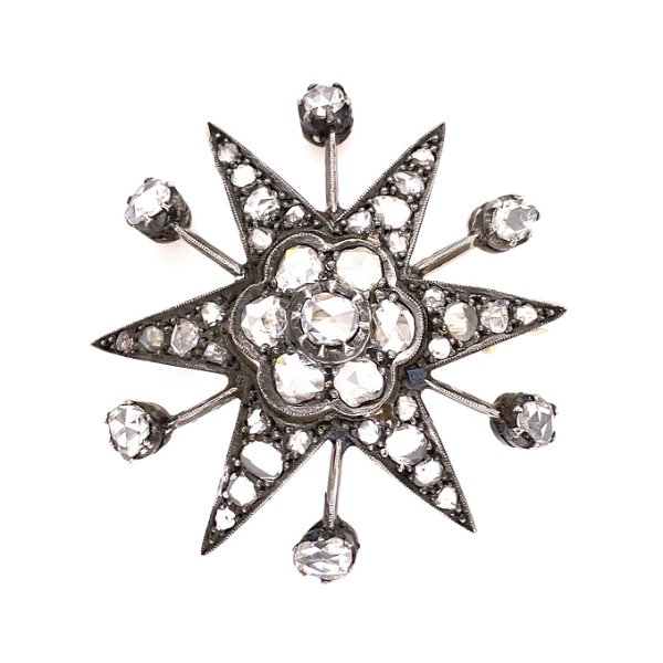 Closeup photo of Sterling on Gold Victorian 4.50tcw Diamond Star Brooch Pendant 12.2g, 1.8"
