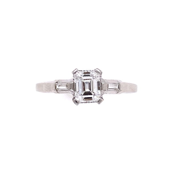 Closeup photo of Platinum .66ct Emerald Cut Diamond E-VS1 & .10tcw Side Diamonds, s6.75