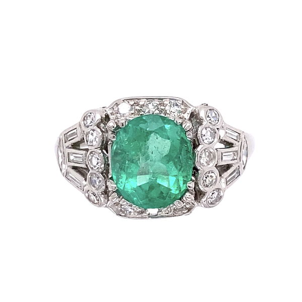 Closeup photo of platinum art deco 2.15ct oval emerald & .78tcw diamond ring 6.8g, s6.514310truiaa