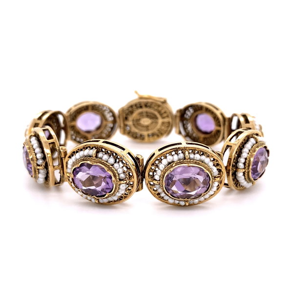 Closeup photo of 14K YG 27tcw Amethyst & Seed Pearl Link Bracelet 39.0g, 6.75mm