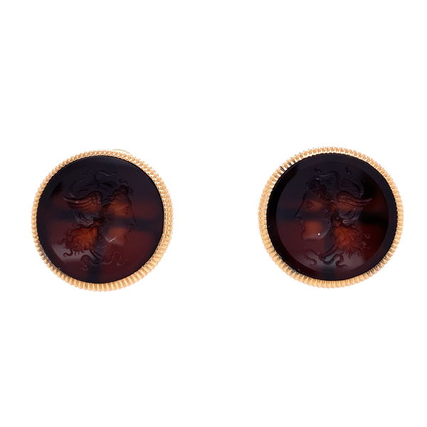 Closeup photo of 14K YG Round Intaglio Carnelian Earrings 12.0g