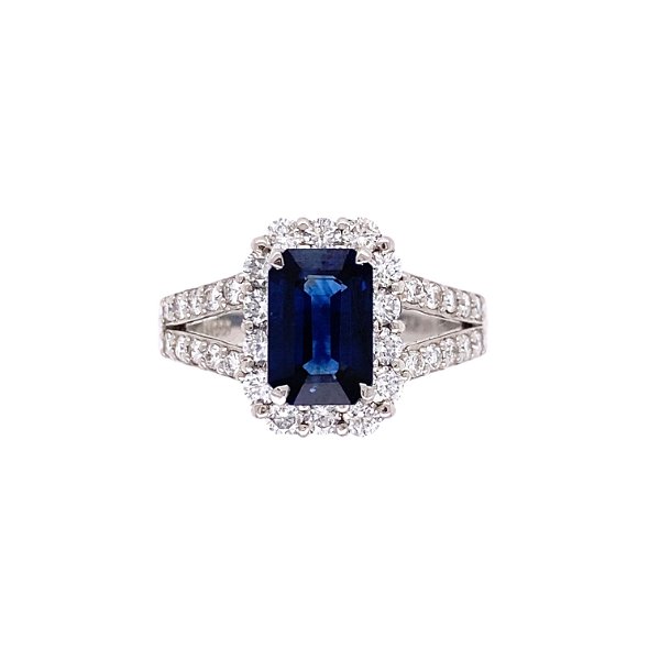 Closeup photo of Platinum 1.47tcw Emerald Cut Sapphire & .72tcw Diamond Ring, s6.25