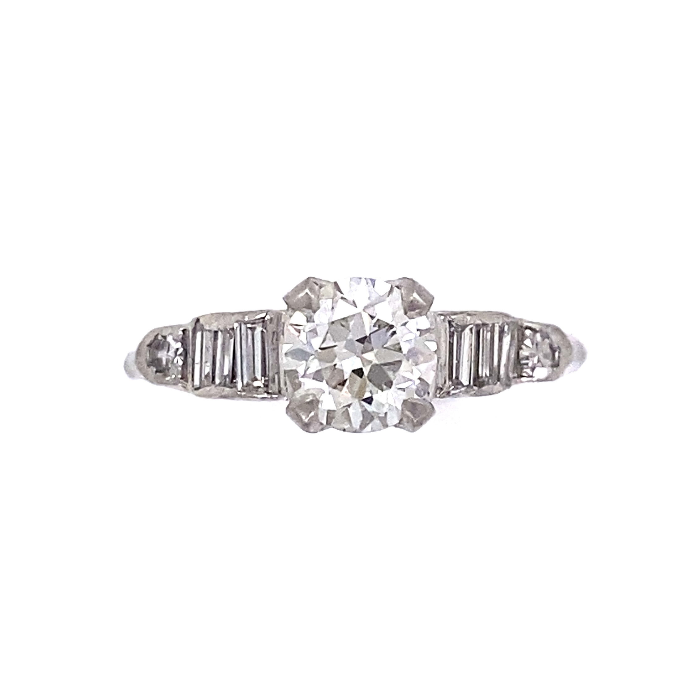 One Old European Cut Diamond is .70ct H color, VS clarity Platinum Art Deco .70ct OEC Diamond Ring w/ .22tcw Side Dia 3.3g, s6.5