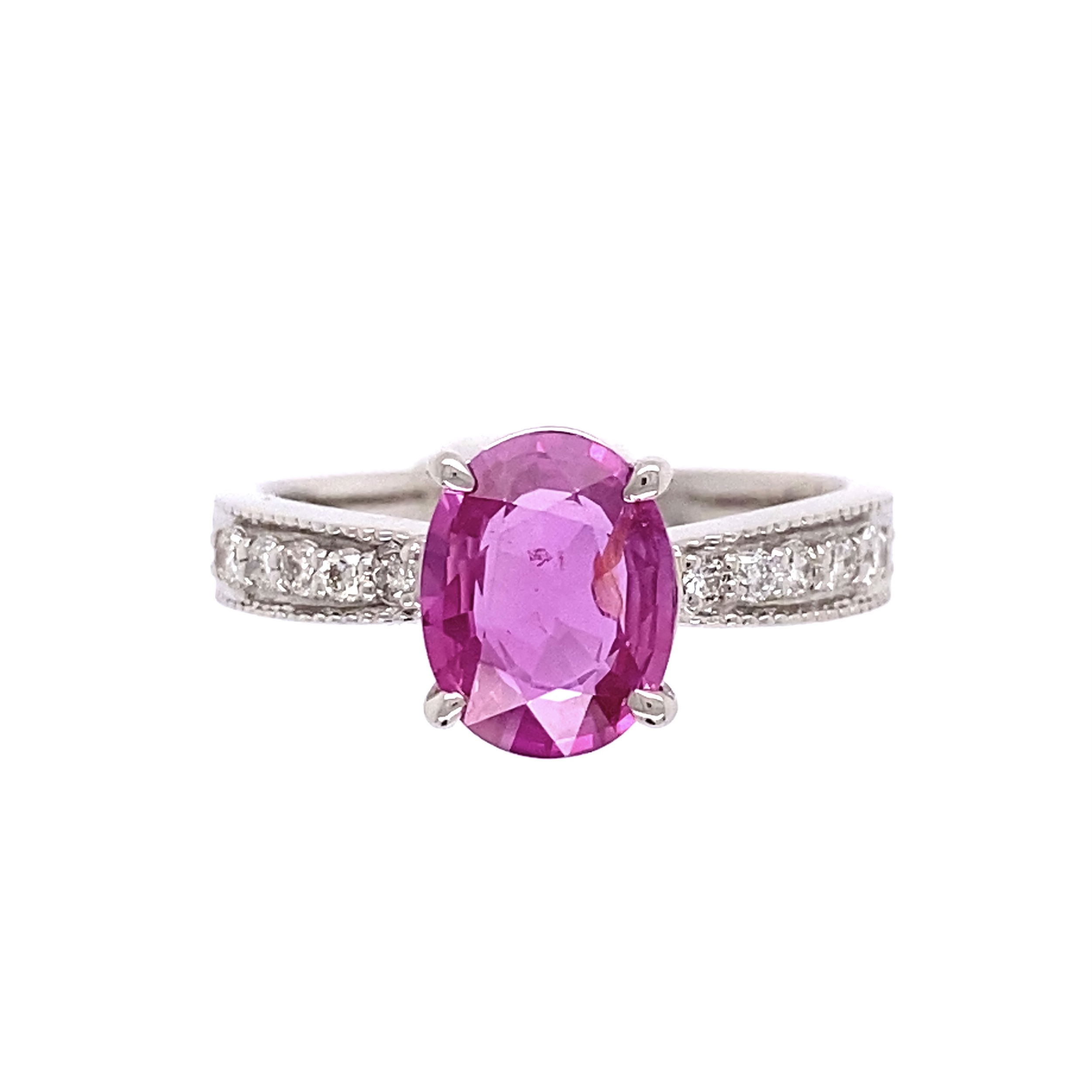 Platinum 1.54ct Oval Pink Sapphire NO HEAT & .14tcw Diamond Ring 4.2g, s6 Platinum 1.54ct Oval Pink Sapphire NO HEAT & .14tcw Diamond Ring 4.2g, s6