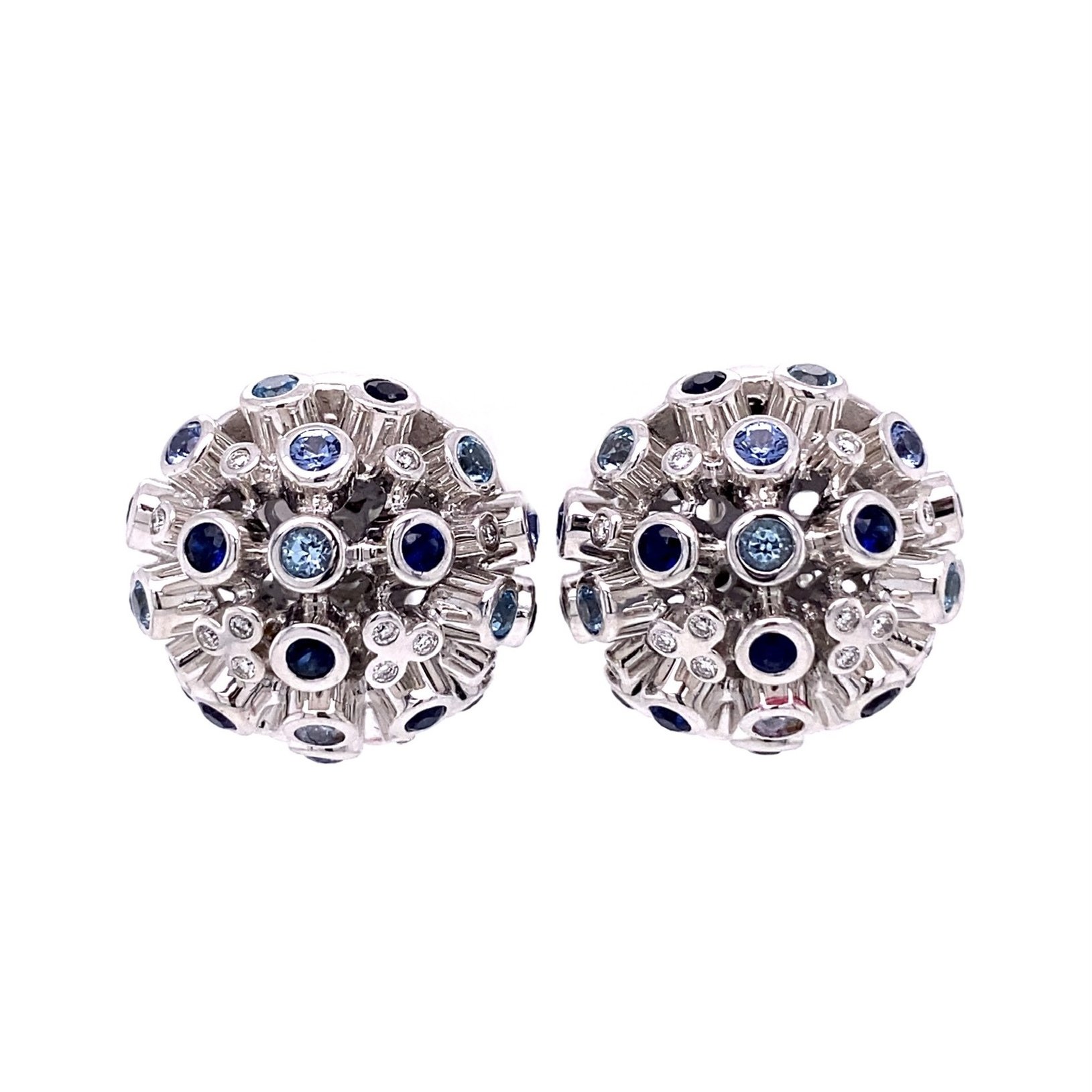 18K WG Dome Cluster Earrings Sapphires & .08tcw Diamonds 17.1g, 2/3"