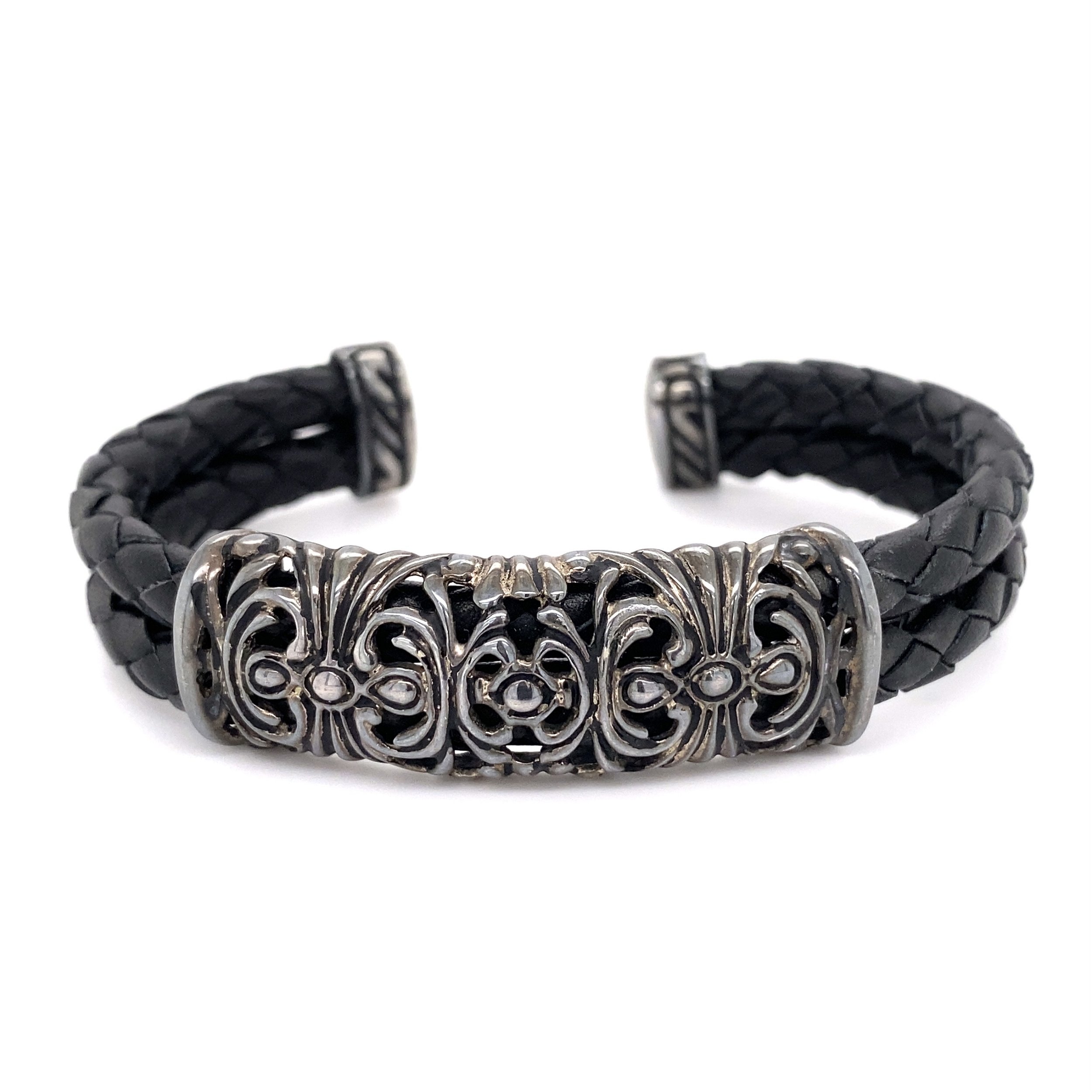 925 Sterling ESPO SIG Black Rhodium Leather Cuff Bracelet 20.7g