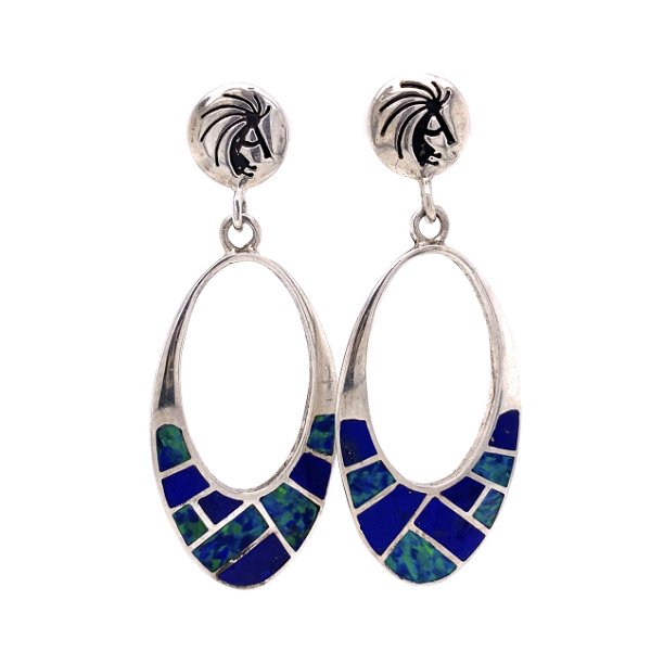 Closeup photo of 925 Sterling TEME Inlay Lapis & Syn. Opal Earrings 8.3g