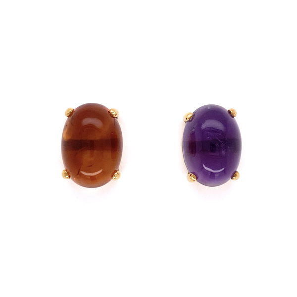 Closeup photo of 18K YG 1970's Somenzi Cabochon Amethyst & Citrine Earrings 6tcw 6.7g