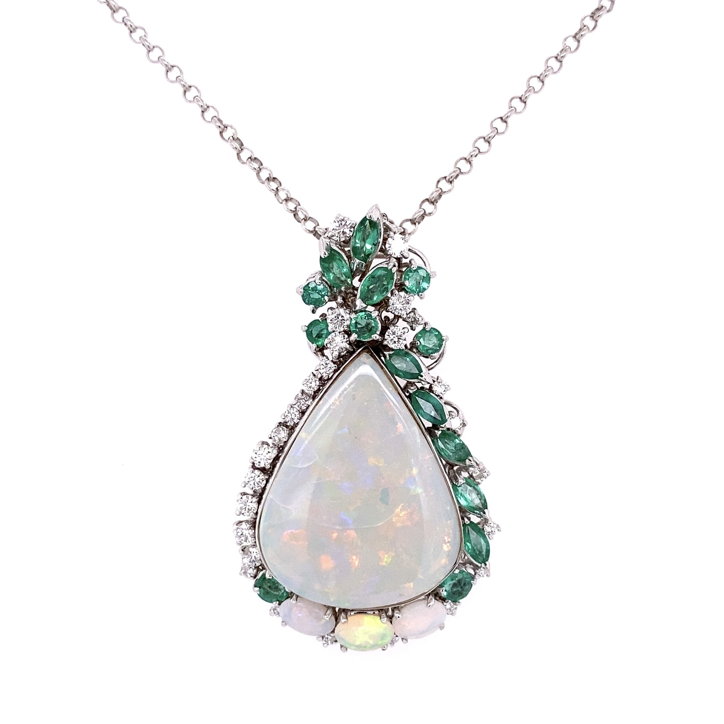 18K WG 14ct Opal, 1.44tcw Emerald & .69tcw Diamond Necklace 18.4g, 18"