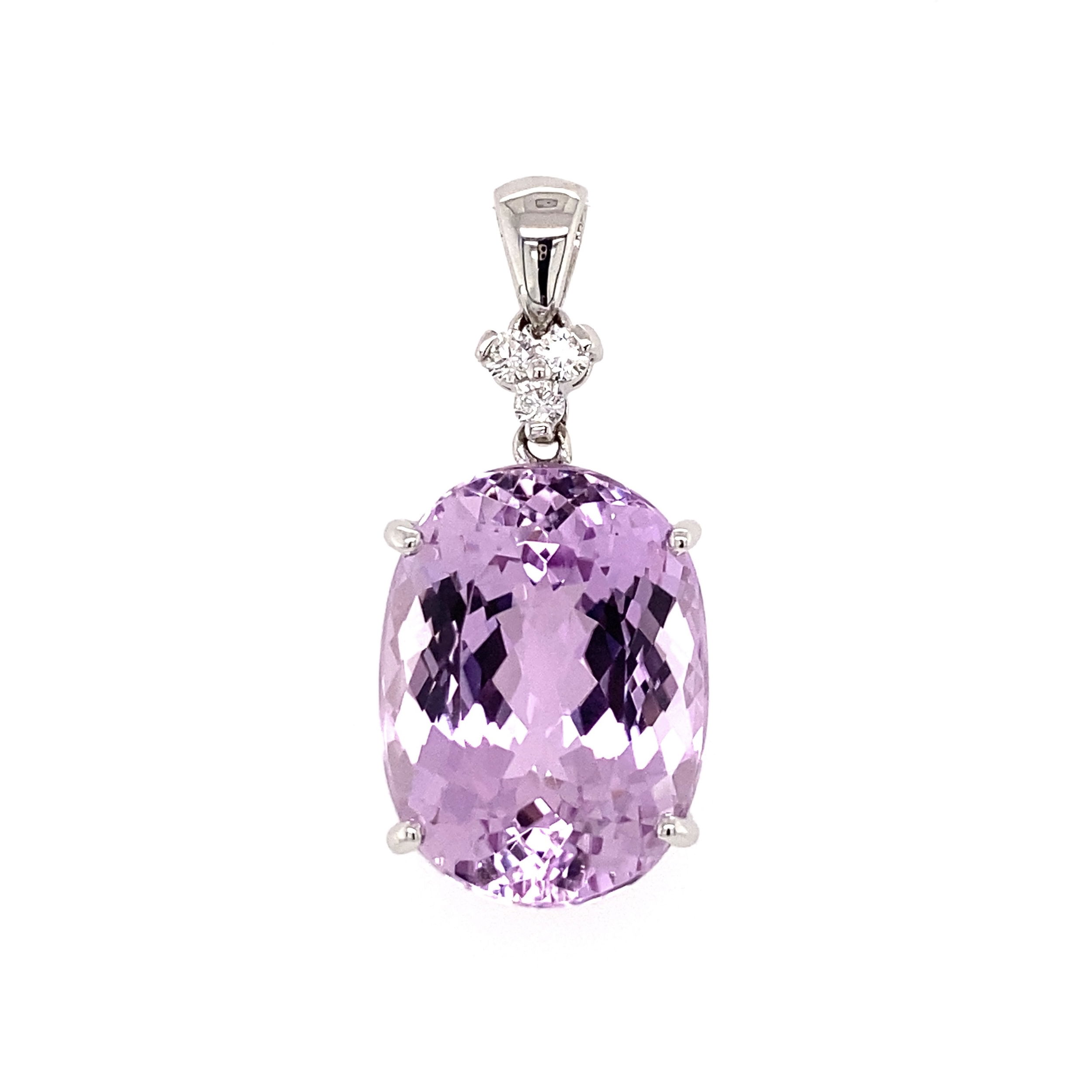 18K WG 18ct Oval Patroke Kunzite & .10tcw Diamond Pendant 13.4g on 14K 20" Chain