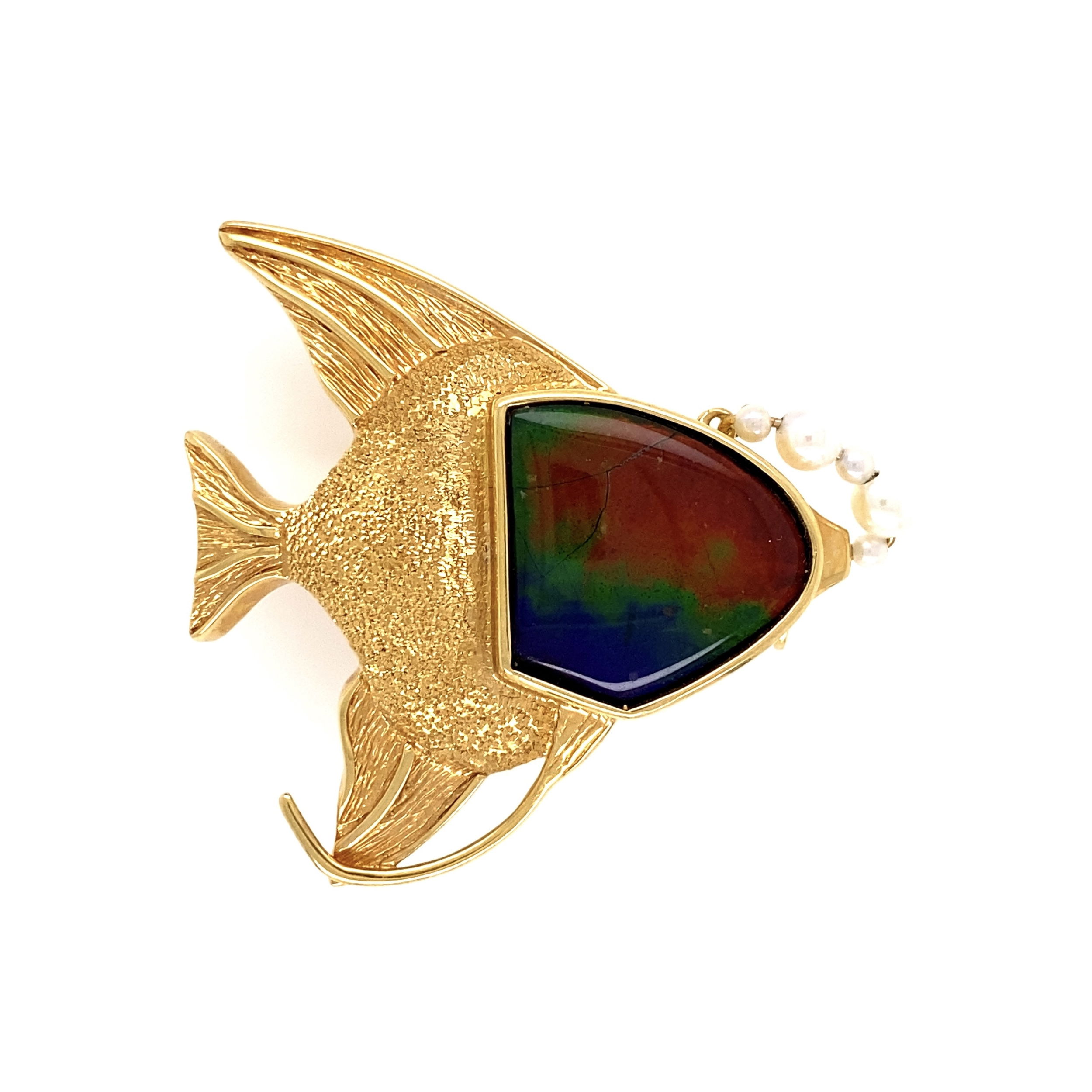 18K YG 10ct Ammolite & Pearl FISH Pendant 12.7g, 1.5"