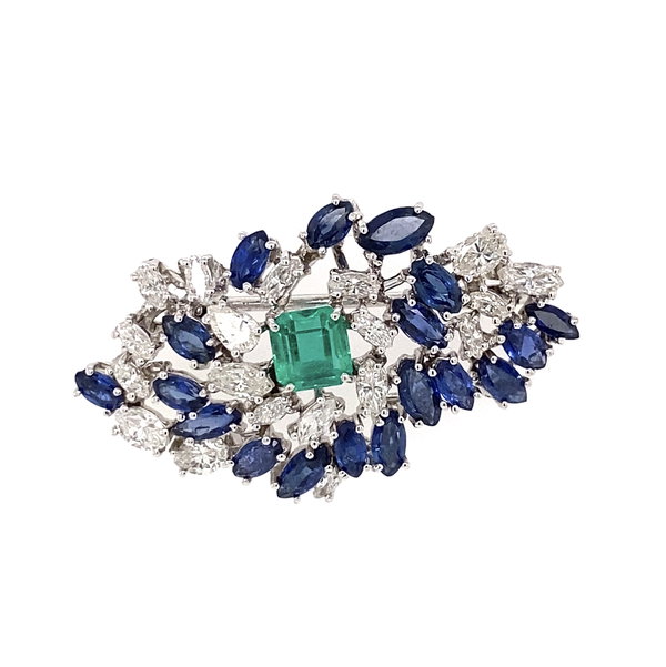 Closeup photo of 18K WG .66ct Emerald and 3.32tcw Diamond & Sapphire Brooch 7.6g, 1.4"