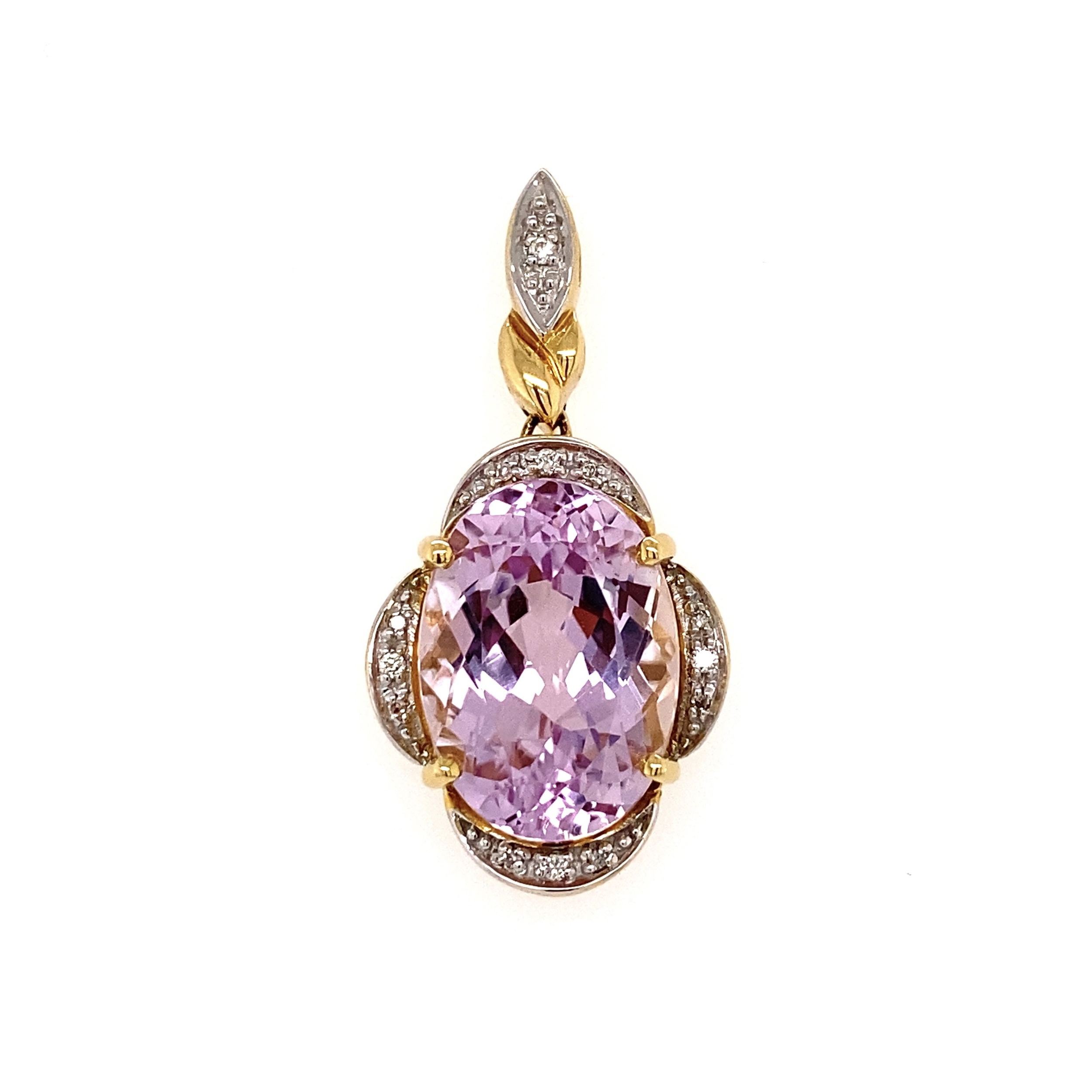 18K YG 14.30ct Oval Patroke Kunzite & .08tcw Diamond Pendant 10.6g, 1.5"