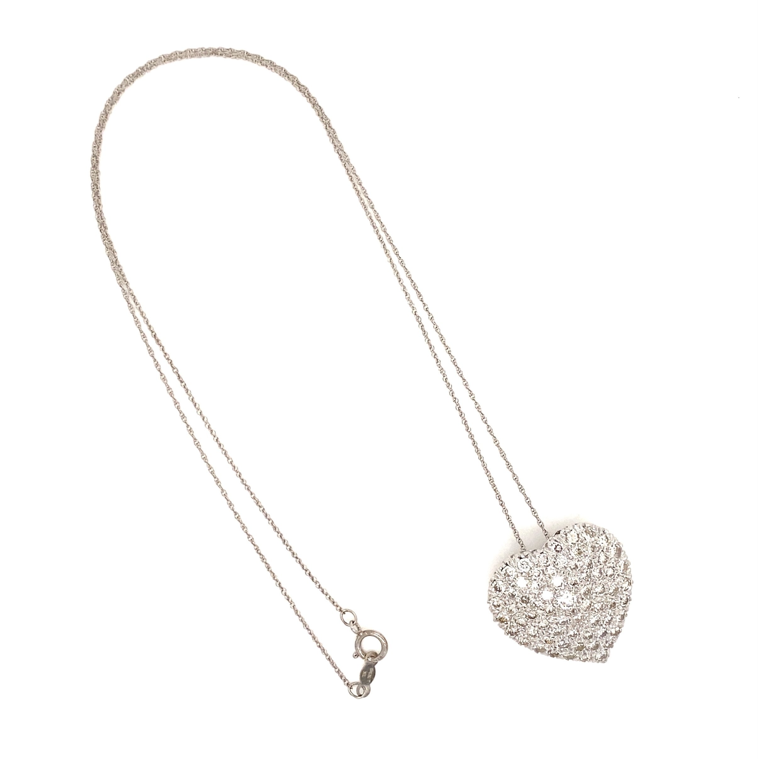 14K WG 3.00tcw Pave Diamond Heart Necklace Brooch 7.9g, 18"