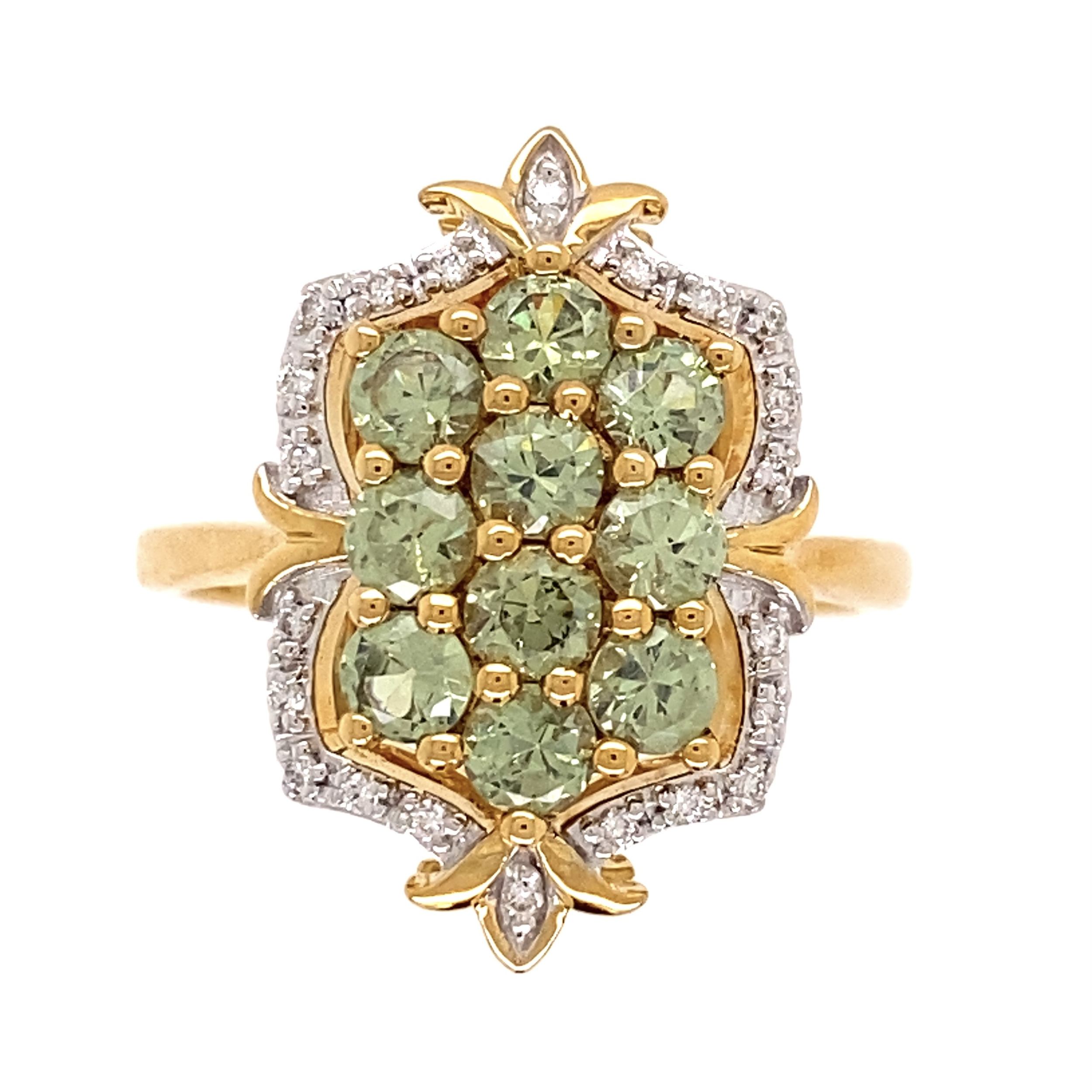 18K YG 1.00tcw Demantoid Garnet & .12tcw Diamond Cluster Ring 5.4g