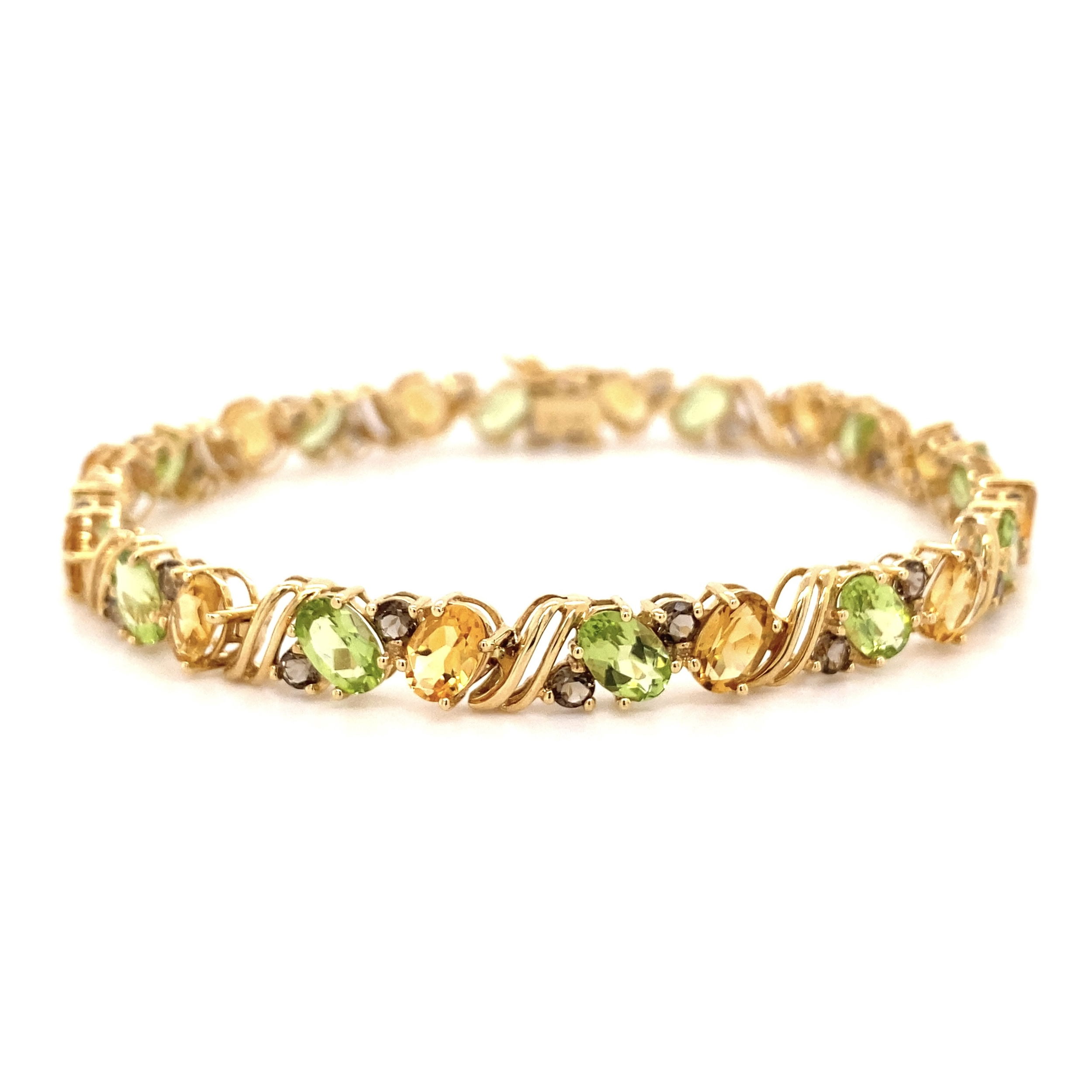 14K YG 10tcw Peridot, Citrine, Smokey Quartz Bracelet 10.4g, 7.25"