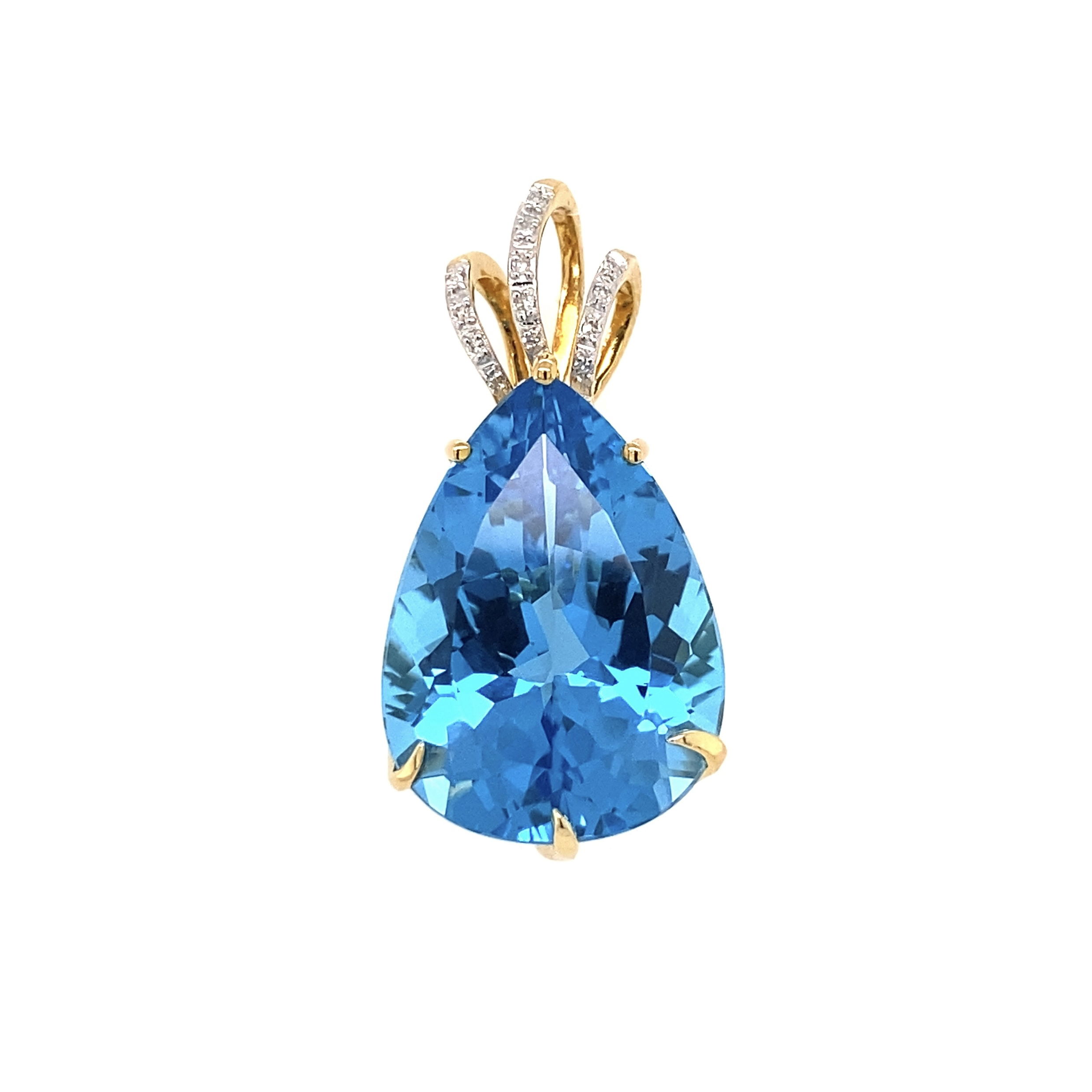 14K YG 23.00ct Pear Shape Swiss Blue Topaz & .06tcw Diamond Pendant 11.8g, 1.3" on 18" Chain