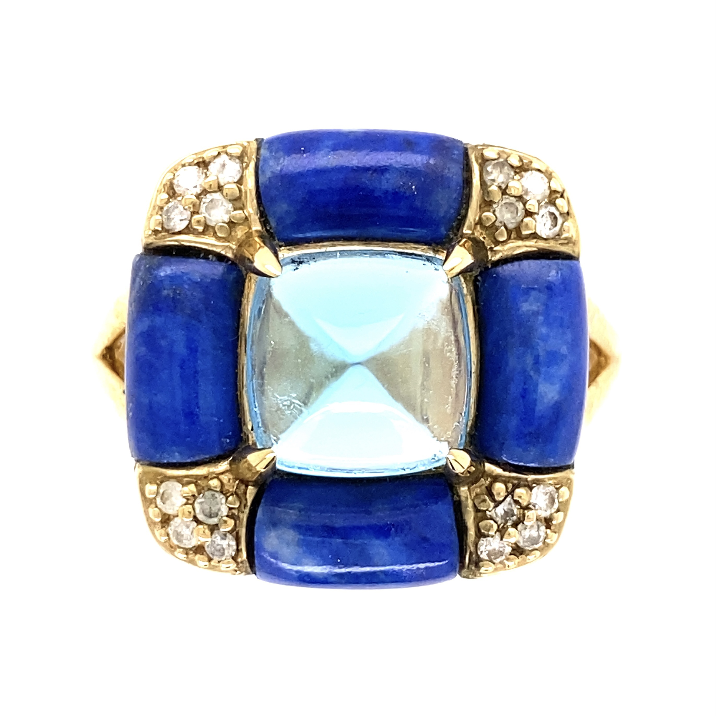 14K YG 5.38ct Sugarloaf Blue Topaz, 7.21tcw Lapis & .10tcw Diamond Ring 10.2g, s11