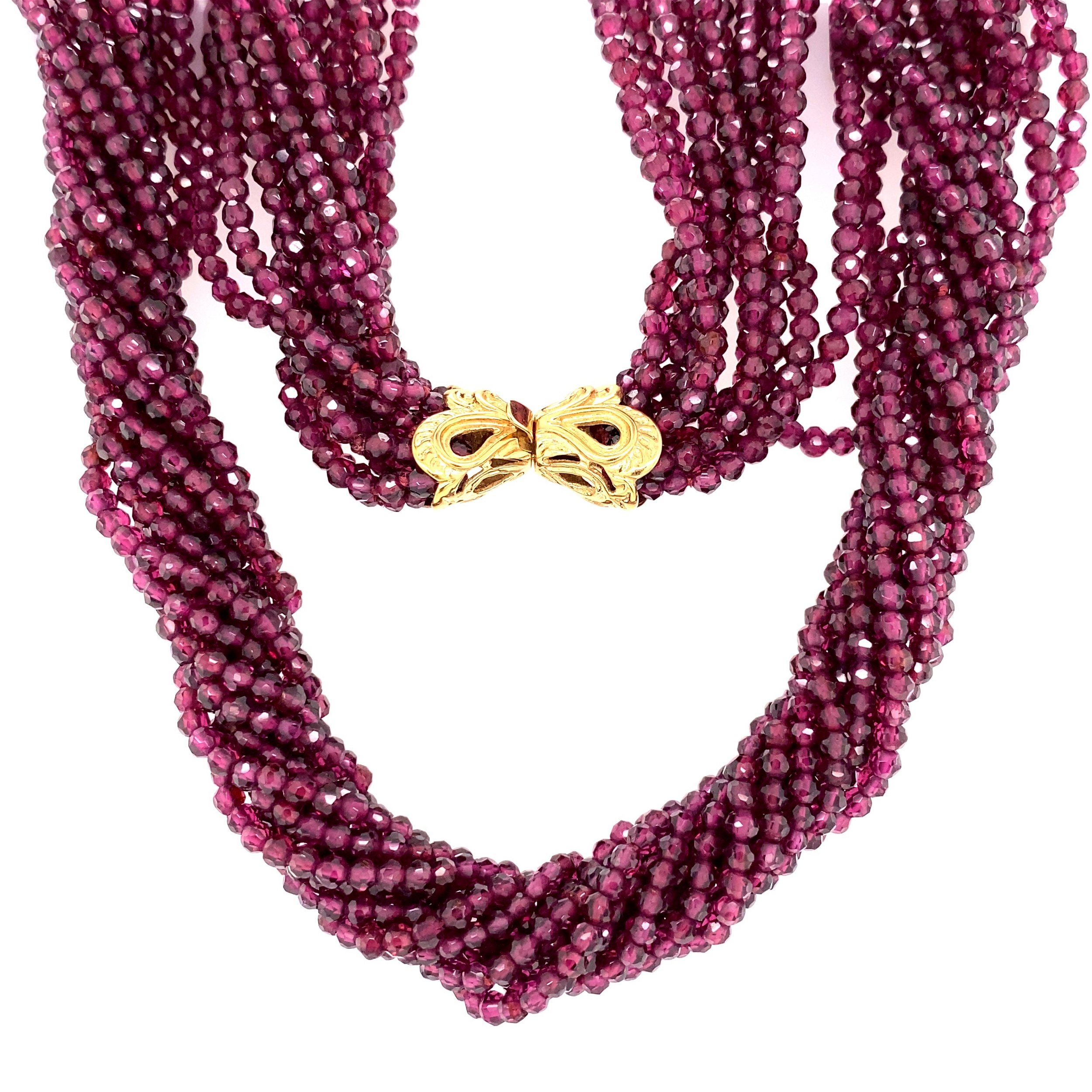 14K YG Multi-Strand Rhodolite Garnet Bead Necklace Engraved 91.8g, 18"
