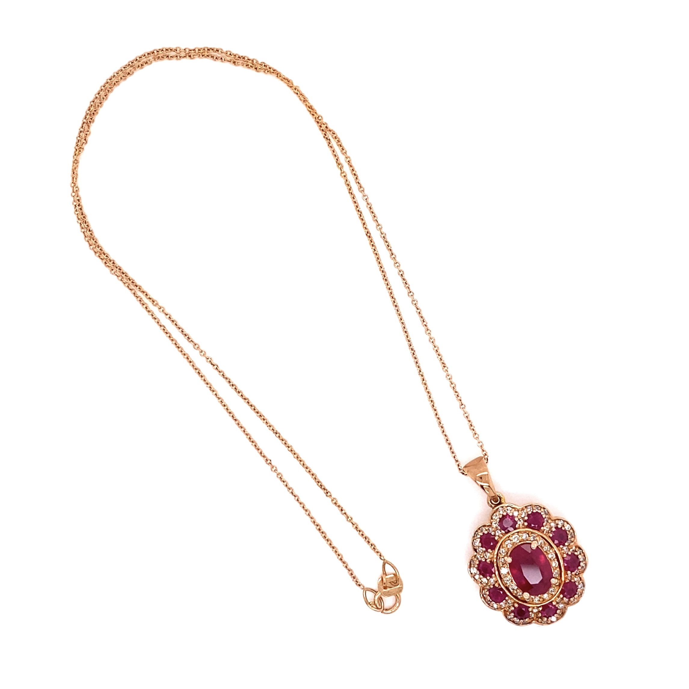 14K RG EFFY Oval 2.8tcw Ruby(treated?) & .30tcw Diamond Cluster Pendant Necklace 8.3g, 16"