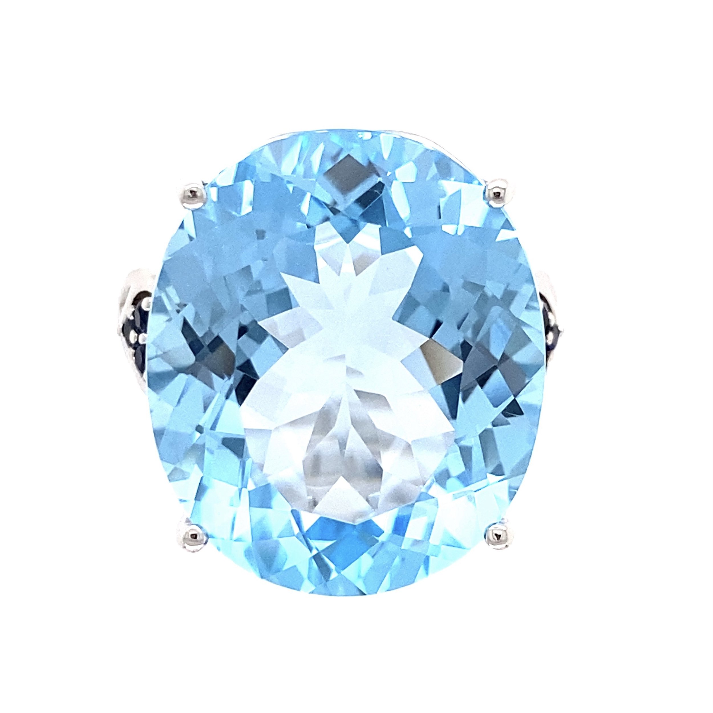 14K WG 11ct OVal Blue Topaz & .10tcw Sapphire Ring 8.8g, 7.25
