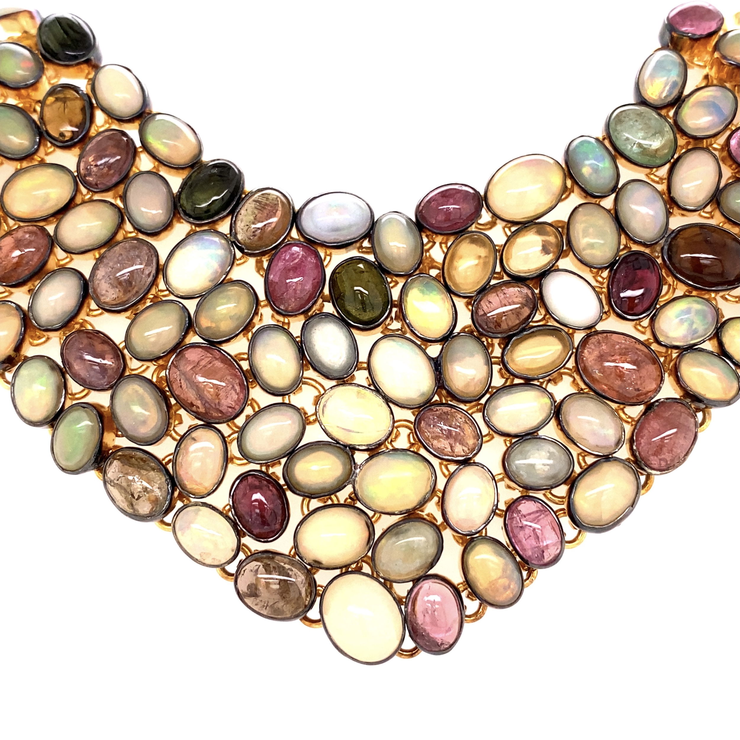 925 Sterling Mondrian 63tcw African Opal & 59tcw Tourmaline Bib Necklace 131.5g, 18" 925 Sterling Mondrian 63tcw African Opal & 59tcw Tourmaline Bib Necklace 131.5g, 18"
