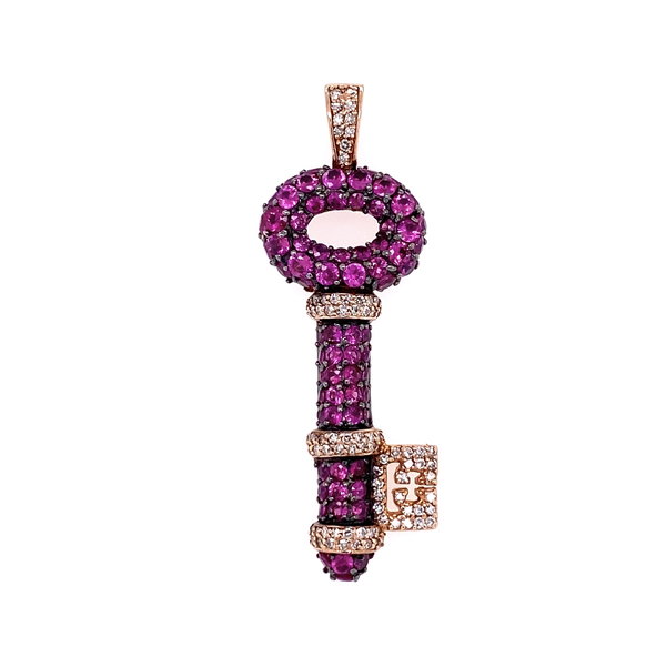 Closeup photo of 14K RG EFFY Pave 2.52tcw Ruby & .32tcw Diamond Open Key Pendant 5.6g, 1.75"