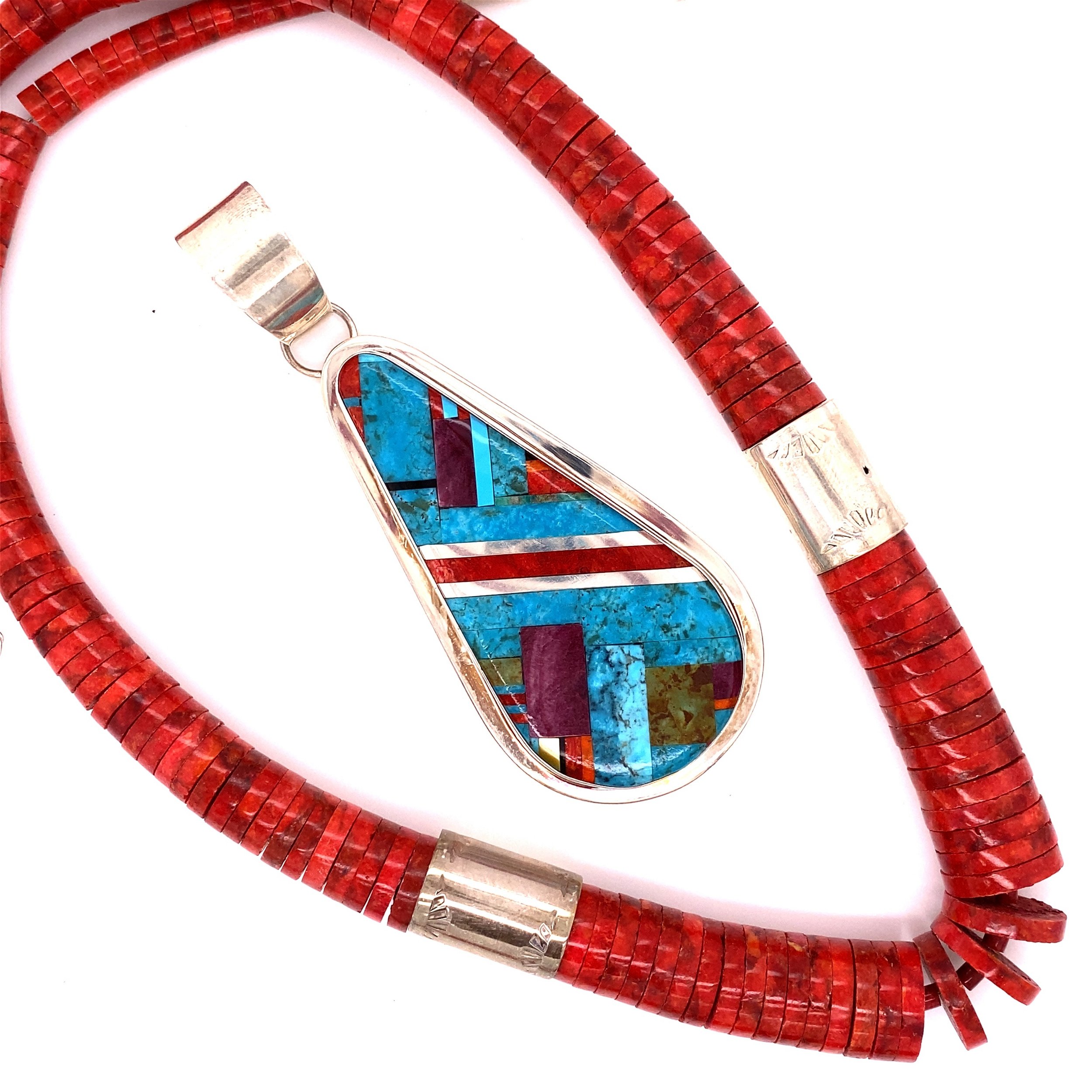 925 Sterling Native Turquoise, MOP, Spiny Oyster Inlay on Coral Bead 147.7g, 25"