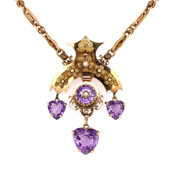 Closeup photo of 14k yg victorian seed pearl & 9.00tcw heart amethyst necklace 41.2g, 18"b4690tpnuaa