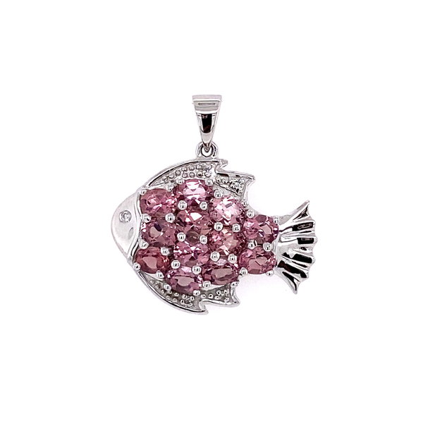 Closeup photo of 14K WG 1.20tcw Peach Tourmaline & .03tcw Diamond FISH Pendant 3.7g, .8"