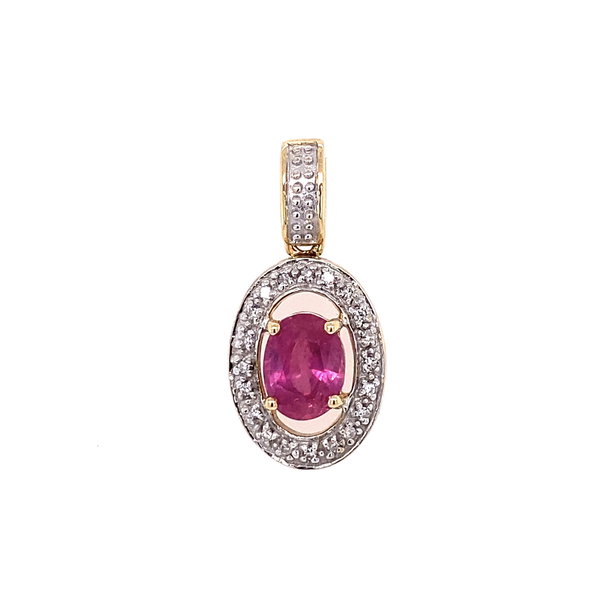 Closeup photo of 14K YG .75ct Rubellite Tourmaline & .07tcw Diamond Pendant 5.0g, 1" on 18" Necklace