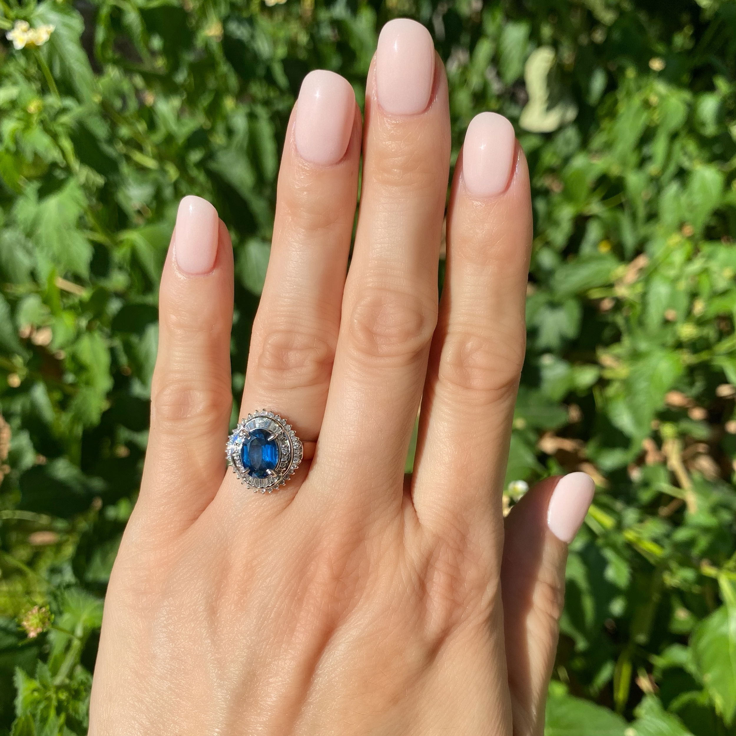 Platinum 2.50ct Oval Sapphire & .55tcw Diamond Double Halo Ring 7.4g, s6.75 Platinum 2.50ct Oval Sapphire & .55tcw Diamond Double Halo Ring 7.4g, s6.75