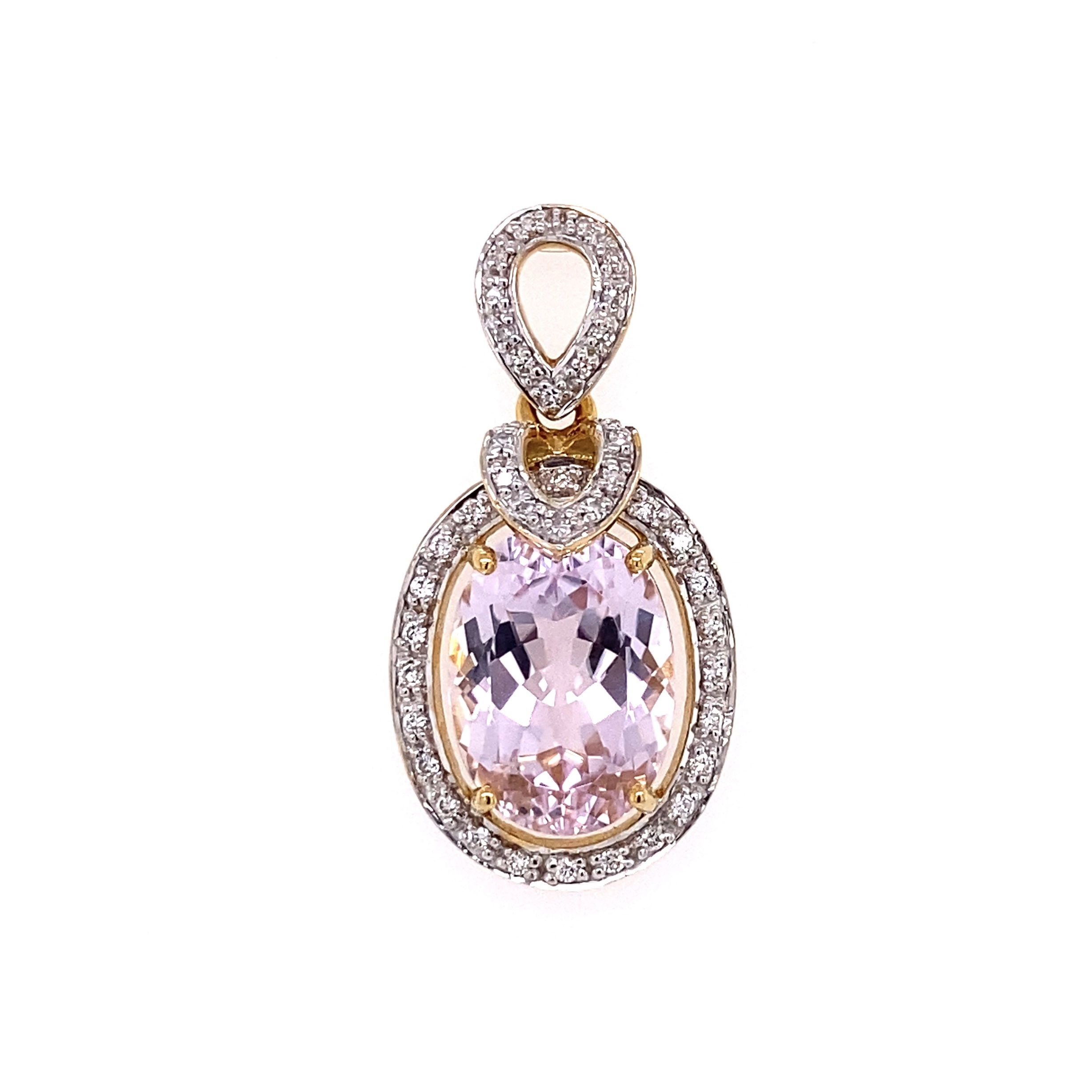 18K 2tone 7.00ct Oval Kunzite & .25tcw Diamond Pendant 7.6g on 18" Platinum Chain