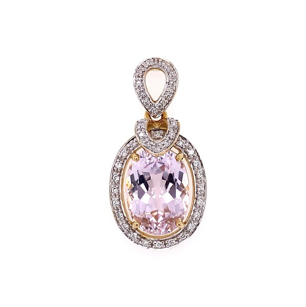 Closeup photo of 18K 2tone 7.00ct Oval Kunzite & .25tcw Diamond Pendant 7.6g on 18" Platinum Chain