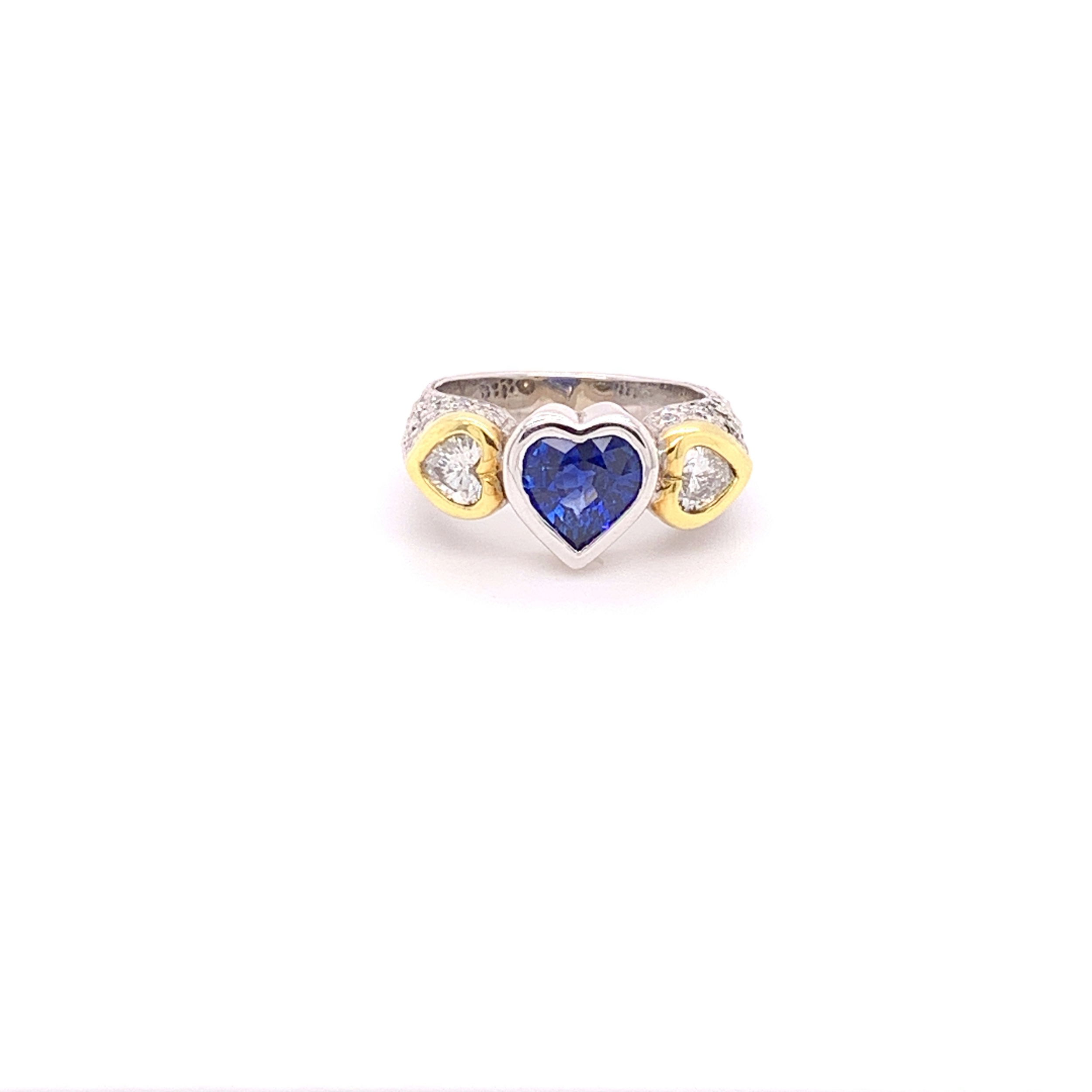 18k Two-Tone 1.70ct Heart Shape Cut Sapphire and Diamond Ring