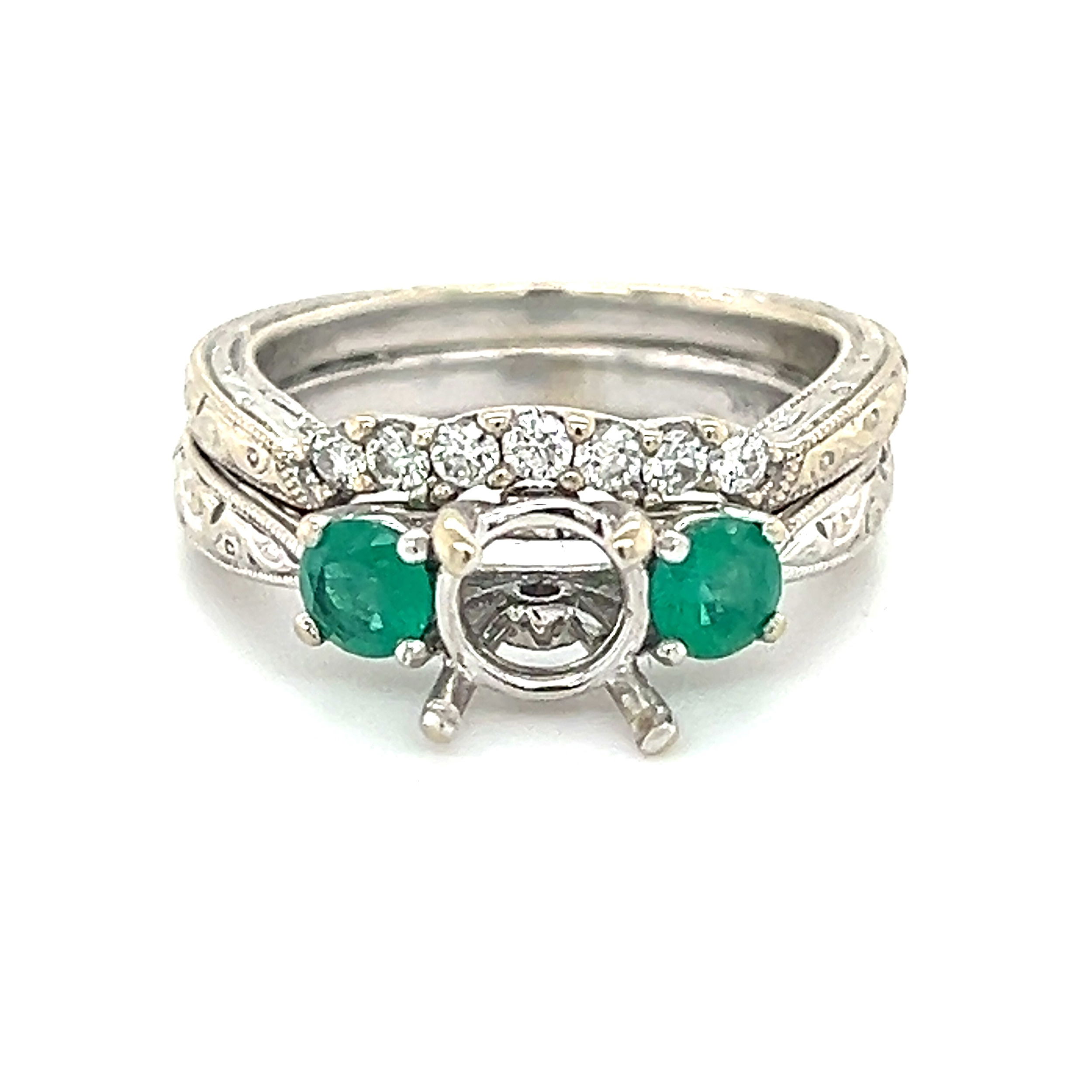 14k White Gold Emerald and Diamond Semi-Mount Ring with Diamond Band