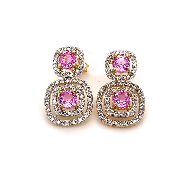 Closeup photo of 18k Yellow Gold 1.15tw Pink Sapphire and Diamond Halo Drop Earrings